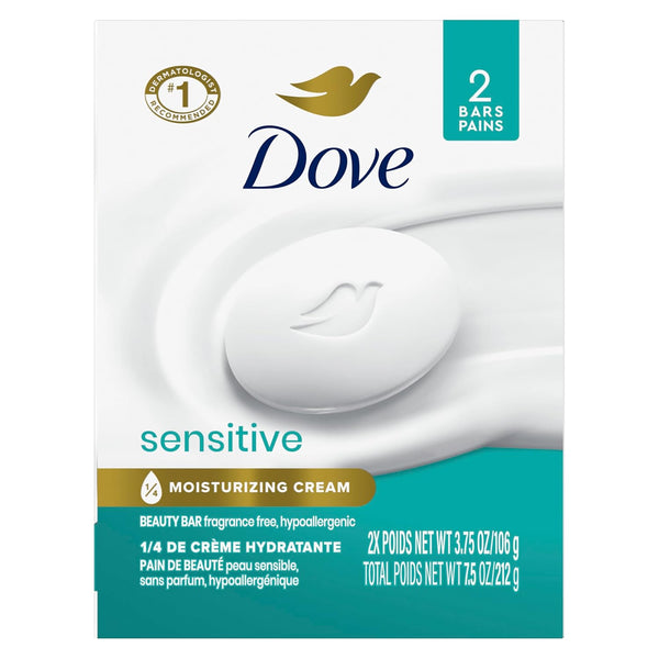 Dove Beauty Bar Soap Sensitive 2 Count for Sensitive Skin, Fragrance Free and Hypoallergenic 3.75 Oz