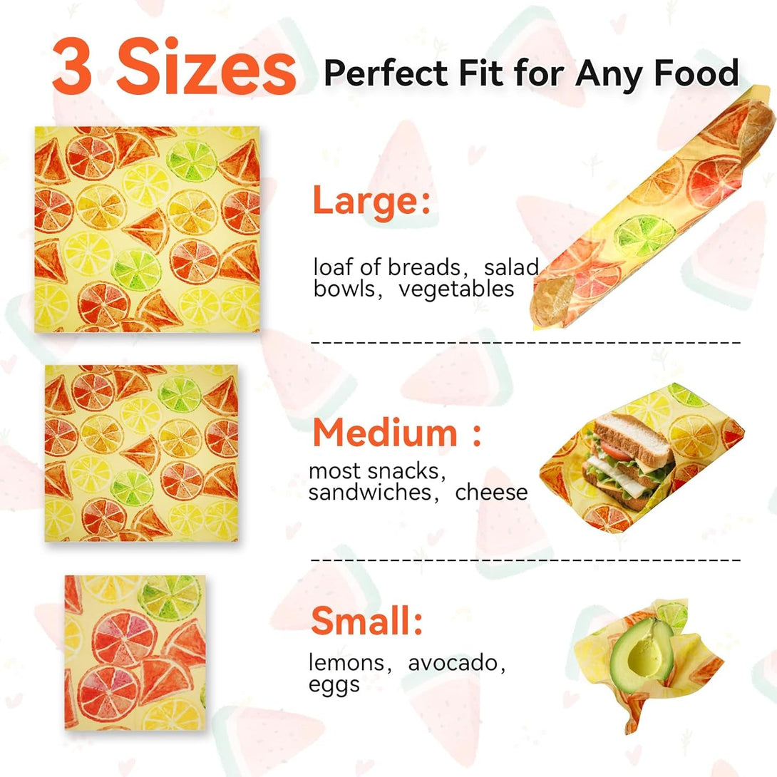 Beeswax Food Wraps Reusable 6-Pack - 3 Sizes + Elastic Storage Wraps for Containers | Reusable Beeswax Bowl Covers & Stretchable Food Wrap | Plastic-Free Storage for Sandwiches, Leftovers, Mason Jars