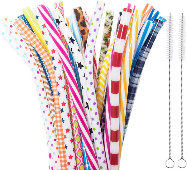 50 Pack Bent Reusable Straws, Bpa-Free, 9" Colorful Hard Plastic Stripe Drinking Straw for Mason Jar Tumbler, Family or Party Use with Cleaning Brush