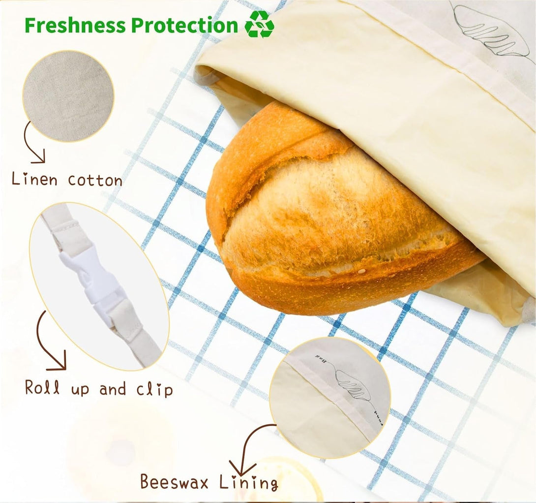 Bread Bags for Homemade Bread 2 Pack, XL Reusable Linen Food Storage Bags with Beeswax Wraps, Freezer Safe, Baking Supplies for Sourdough with Cleaning Brushes, Keep Your Loaf Fresh Eco-Friendly