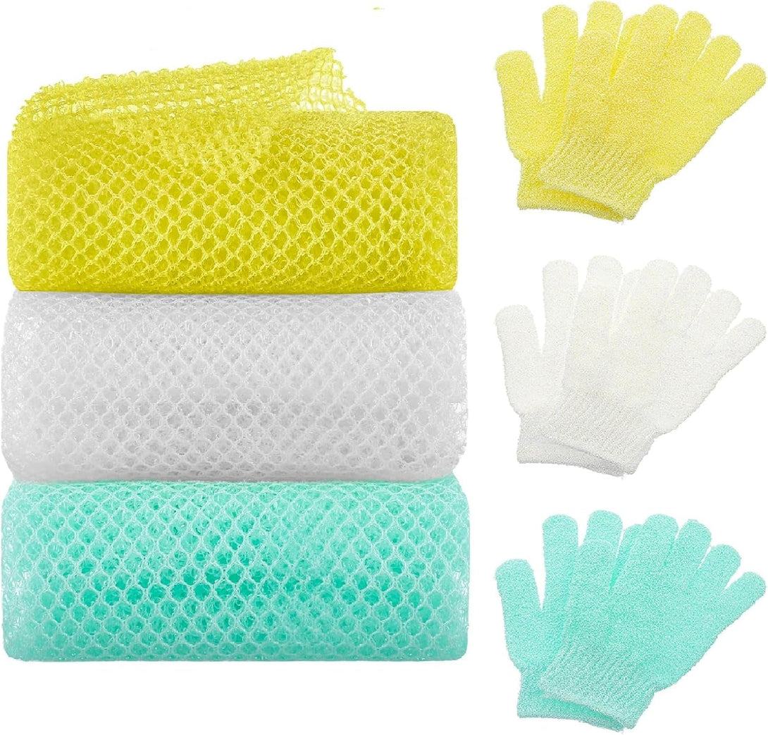 6 Pack African Net Sponge Exfoliating Glove Set, 3 Bath Sponge Body Scrubber Back Scrubber and 3 Pairs Exfoliating Gloves for Shower