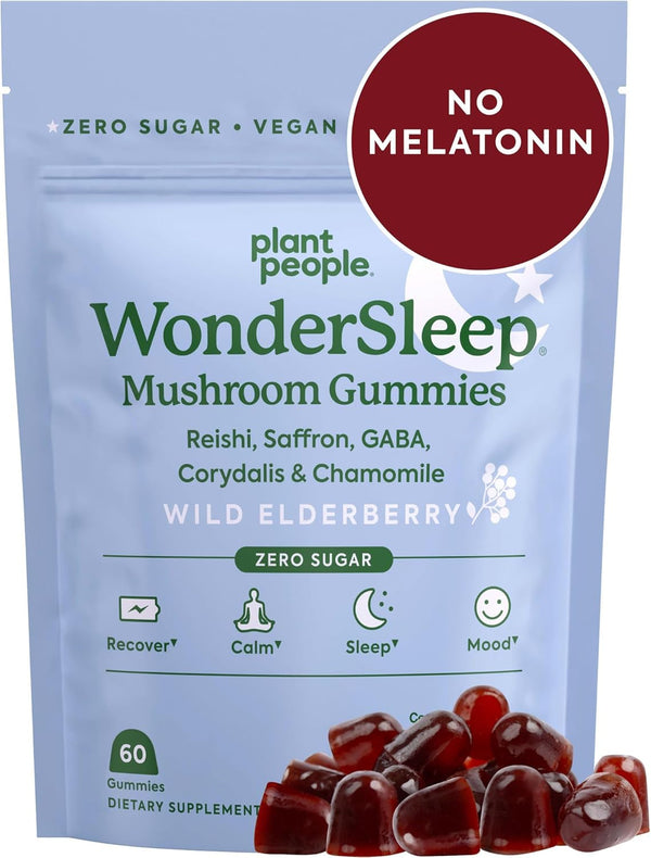 Plant People Wondersleep Mushroom Gummies Supplement for Sleep and Relaxation with Reishi Super Mushrooms, Wild Elderberry Flavor, No Sugar (60 Count)