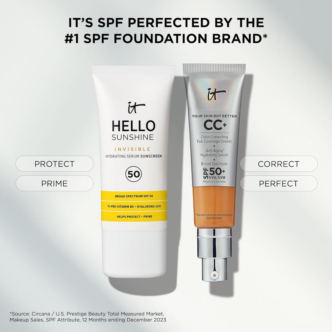 IT Cosmetics Hello Sunshine Invisible Sunscreen for Face SPF 50 - Sunscreen, Hydrating Serum & Makeup Primer - 1% Pro-Vitamin B5 & Hyaluronic Acid - HSA/FSA Eligible - No White Cast