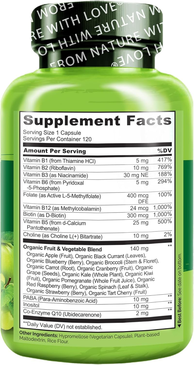NATURELO Vitamin B Complex with Methyl B12, Methyl Folate, Vitamin B6, Biotin plus Choline, Coq10, and Fruit & Vegetable Blend - Supports Energy & Healthy Stress Response - Vegan - 120 Capsules