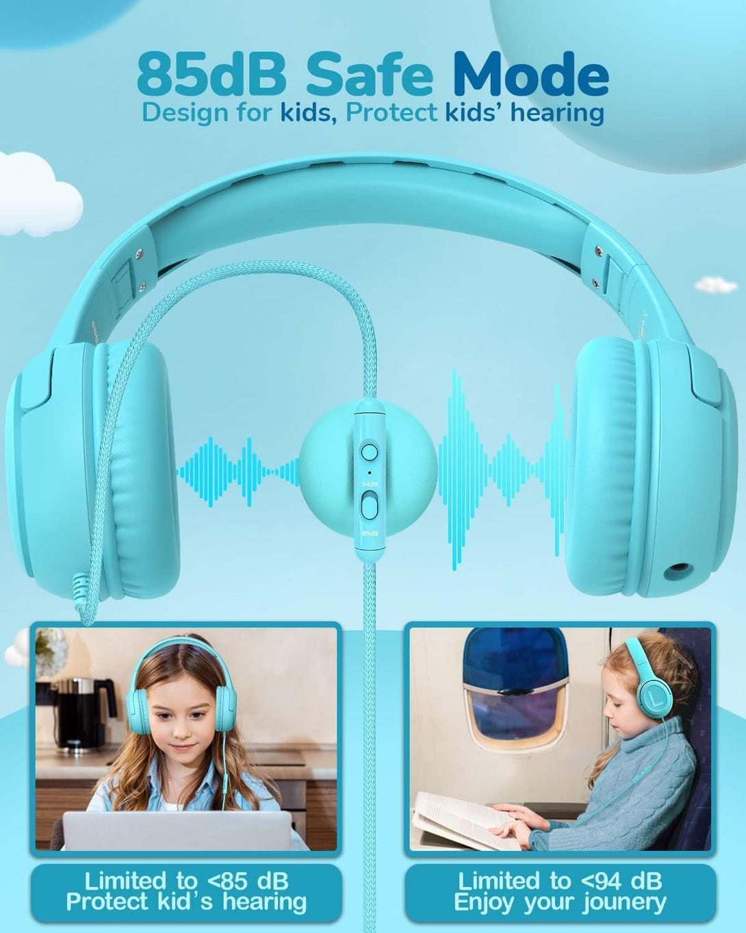 Toddler Kids Headphones Wired - Headphones for Kids Volume Limit 85/94Db Headset 3.5Mm Jack Adjustable Foldable Headsets for Girls Boys Children Teens Pad Smartphones School