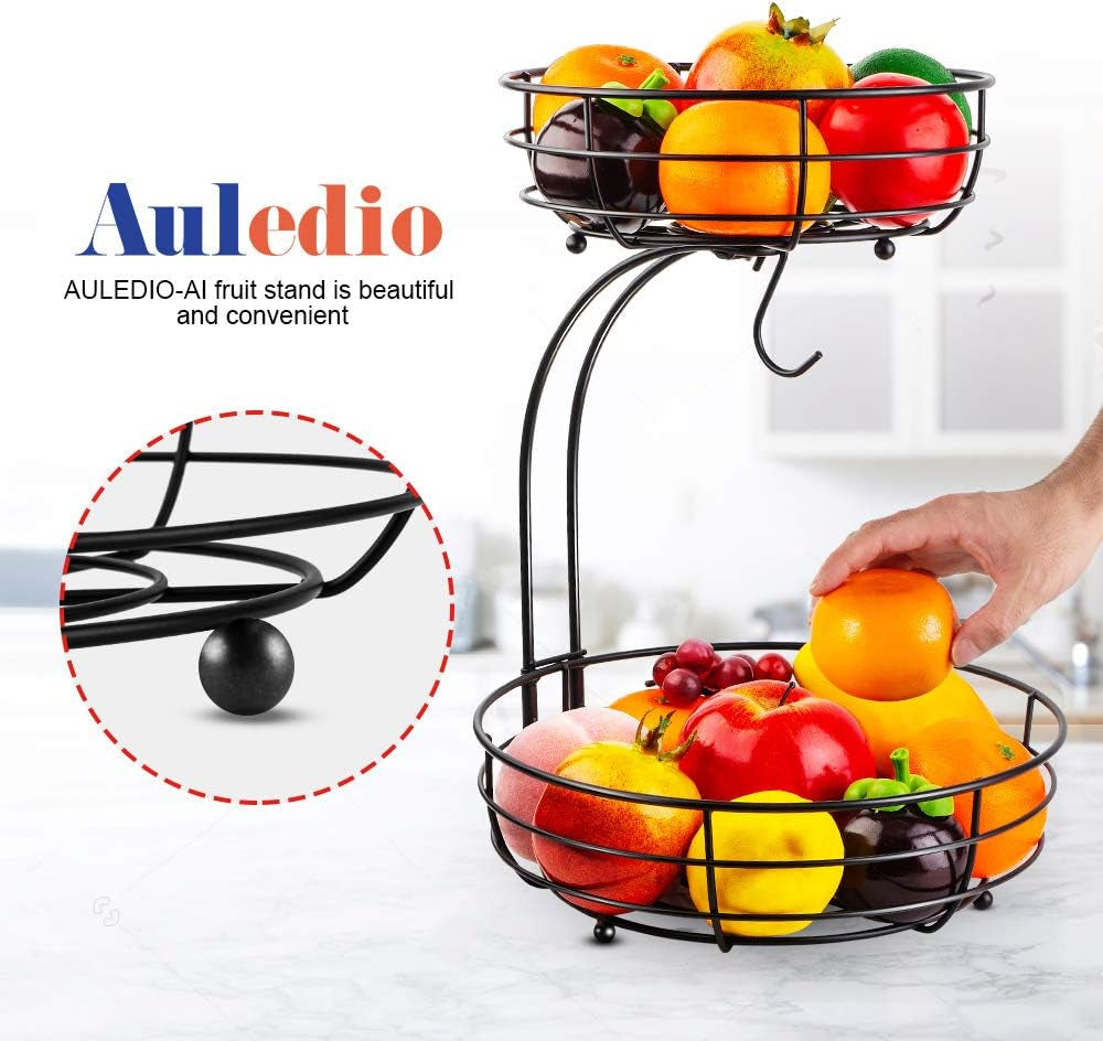 Auledio Iron 2-Tier Countertop Fruit Vegetables Basket Bowl Storage with Banana Hanger, Black, 64 Ounces