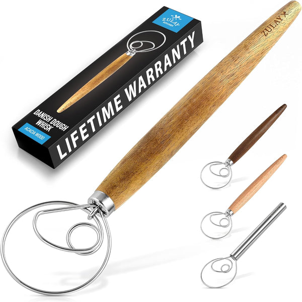 Zulay Kitchen 13 Inch Danish Dough Whisk - Large Wooden Danish Whisk for Dough with Stainless Steel Ring - Traditional Dutch Whisk Baking Tool for Bread, Batter, Cake, Pastry (Acacia Wood)