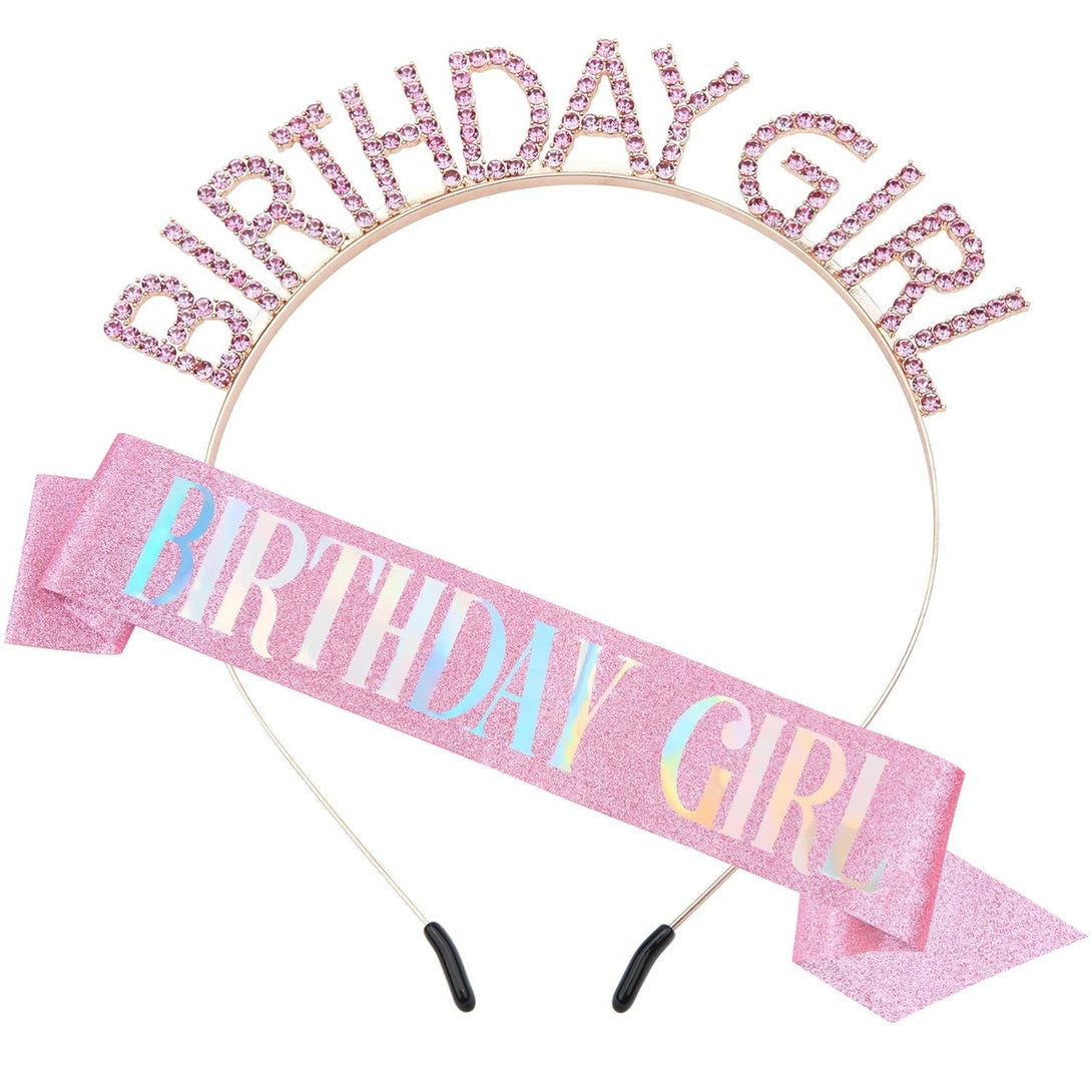 Glitter Birthday Sash, Tiara and Rhinestone Headband Set - Pink Birthday Accessories for Her