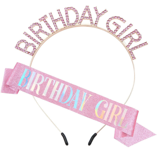 Glitter Birthday Sash, Tiara and Rhinestone Headband Set - Pink Birthday Accessories for Her