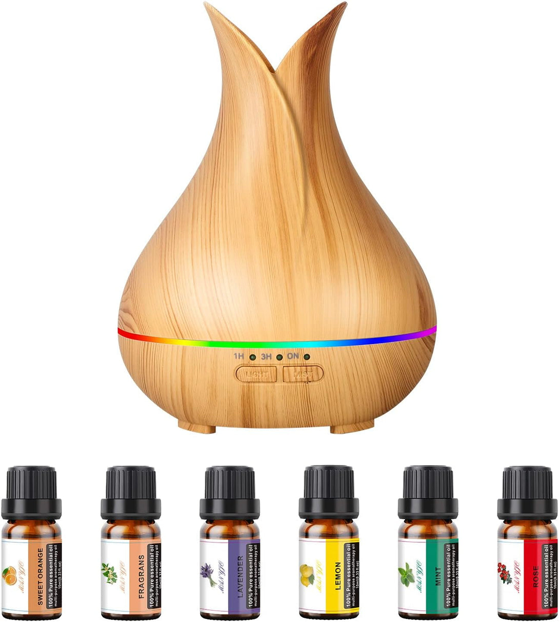 Aromatherapy Diffuser with Essential Oils Included, 150Ml Small Cute Aroma Diffuser with 15 Color LED Light&3 Times, Waterless Auto off Essential Oil Diffusers for Home Bedroom(Wood)