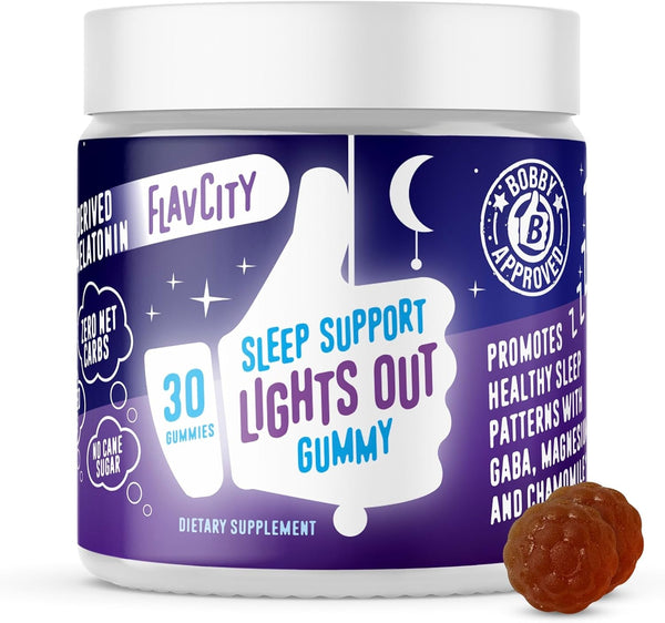 Flavcity Melatonin Sleep Gummies for Adults, Lights Out Gummy - Chewable Sleep Support Supplement with Plant-Based GABA, Magnesium & Chamomile for Deep & Restful Bedtime, 30-Day Supply