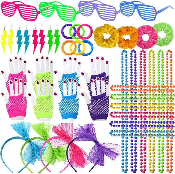 YAROMO 80S 90S Party Favors Birthday Supplies, Hip Hop Theme Gift Neon Earrings Glasses Gloves Necklace Slap Bracelet Neon Hair Scrunchies 80S 90S Party Decorations