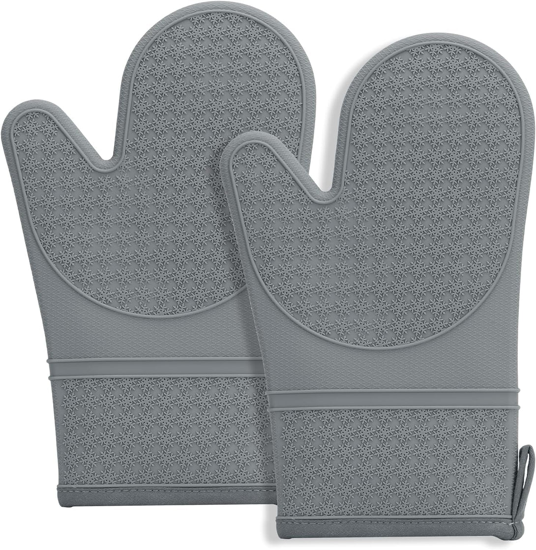 Hovico Silicone Oven Mitts, Oven Gloves with Non-Slip Waterproof - 2PCS Grey Oven Mittens Heat Resistant 600 Degree, Soft Lining Silicone Oven Mits for Cooking Baking Kitchen Mitten
