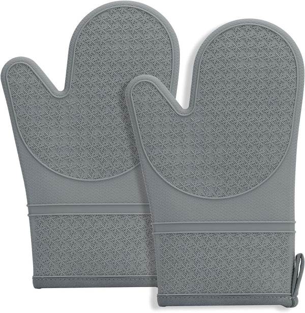 Hovico Silicone Oven Mitts, Oven Gloves with Non-Slip Waterproof - 2PCS Grey Oven Mittens Heat Resistant 600 Degree, Soft Lining Silicone Oven Mits for Cooking Baking Kitchen Mitten