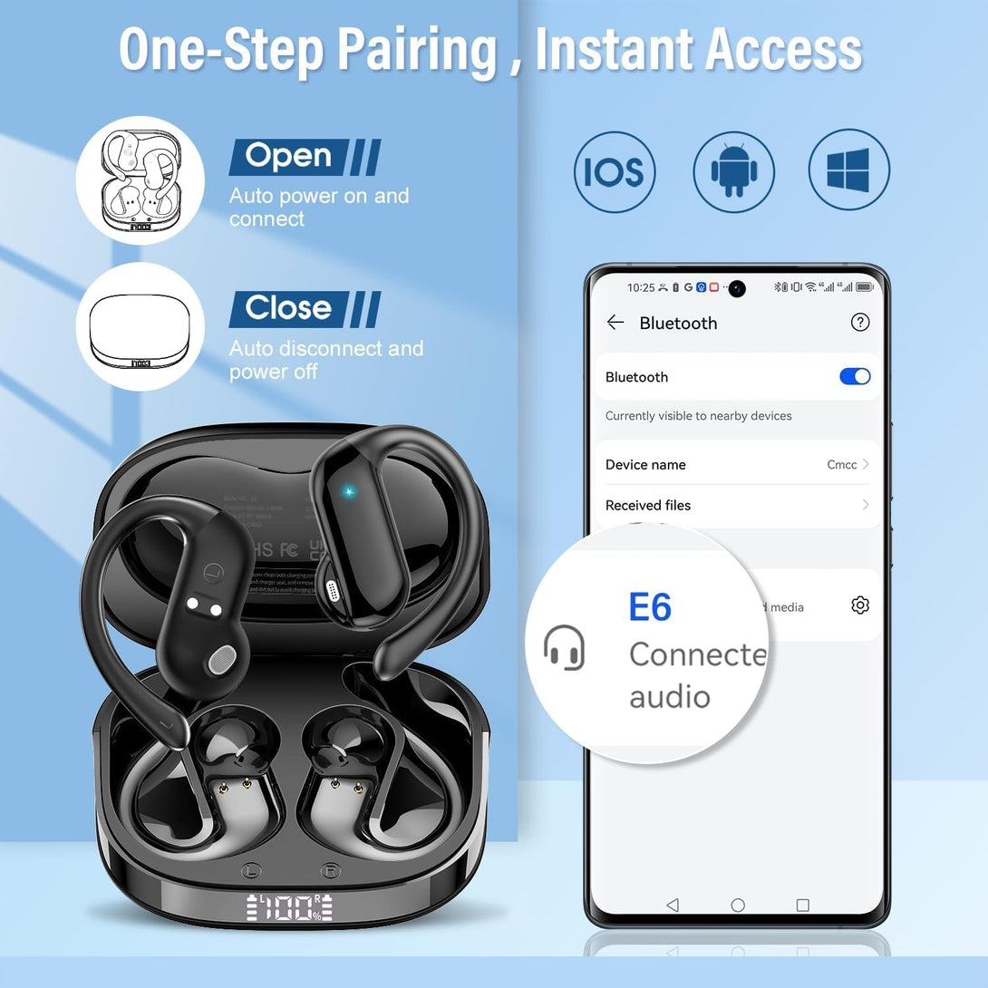 Open Ear Earbuds, Bluetooth 5.4 Wireless Earbuds with Ear Hooks, 32H Hifi Stereo Open Ear Headphones with Clear Calls, IPX7 Lightweight Air Conduction Headphones for Workouts and Running