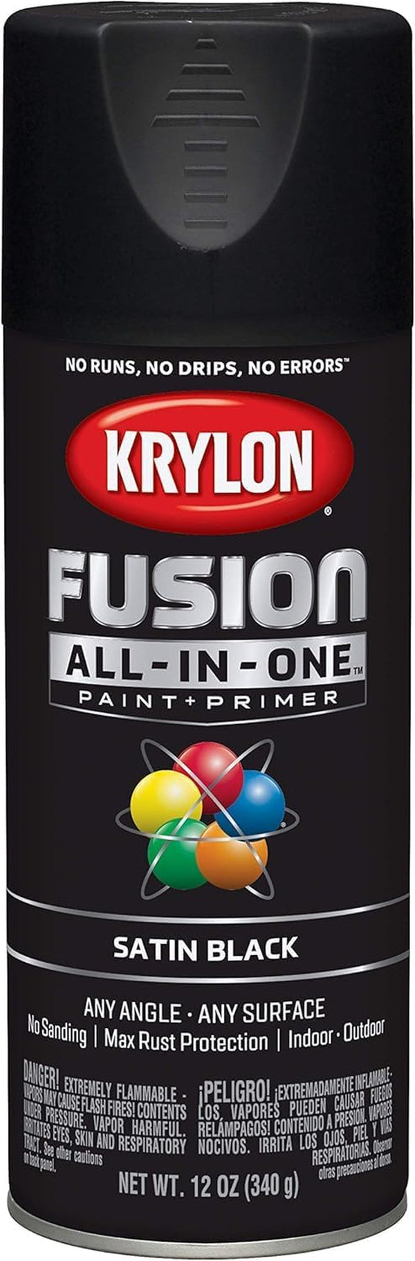 12 Oz Krylon K02732007 Black Fusion All-In-One Paint & Primer Spray Paint, Satin