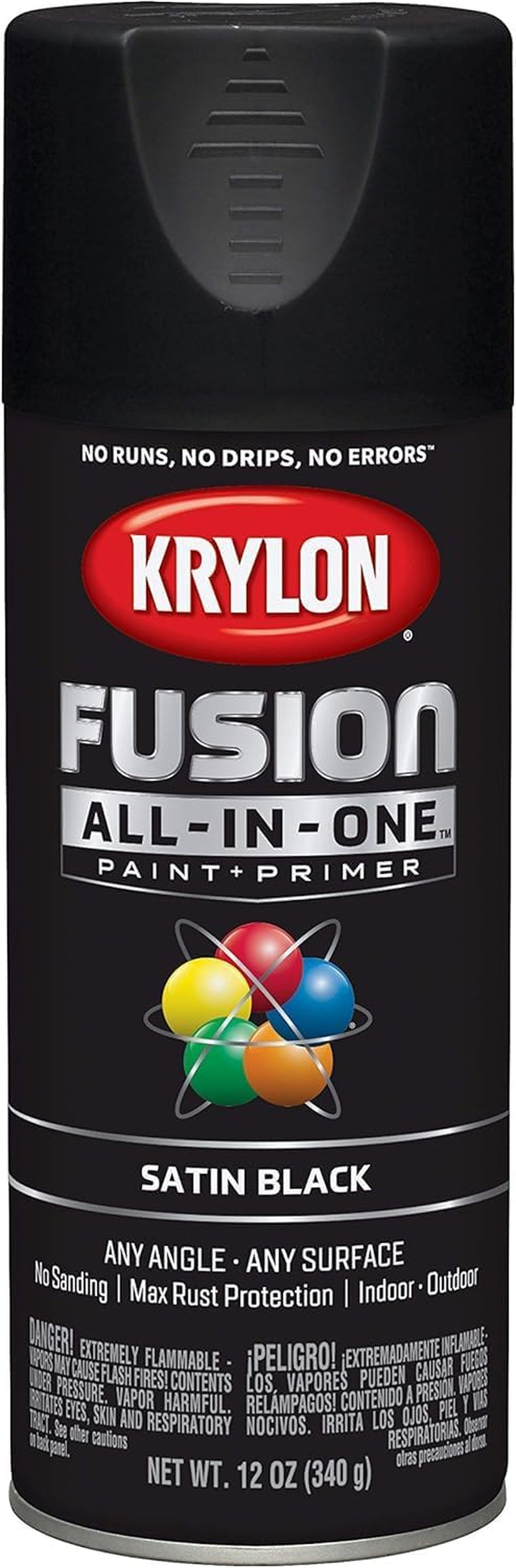 12 Oz Krylon K02732007 Black Fusion All-In-One Paint & Primer Spray Paint, Satin