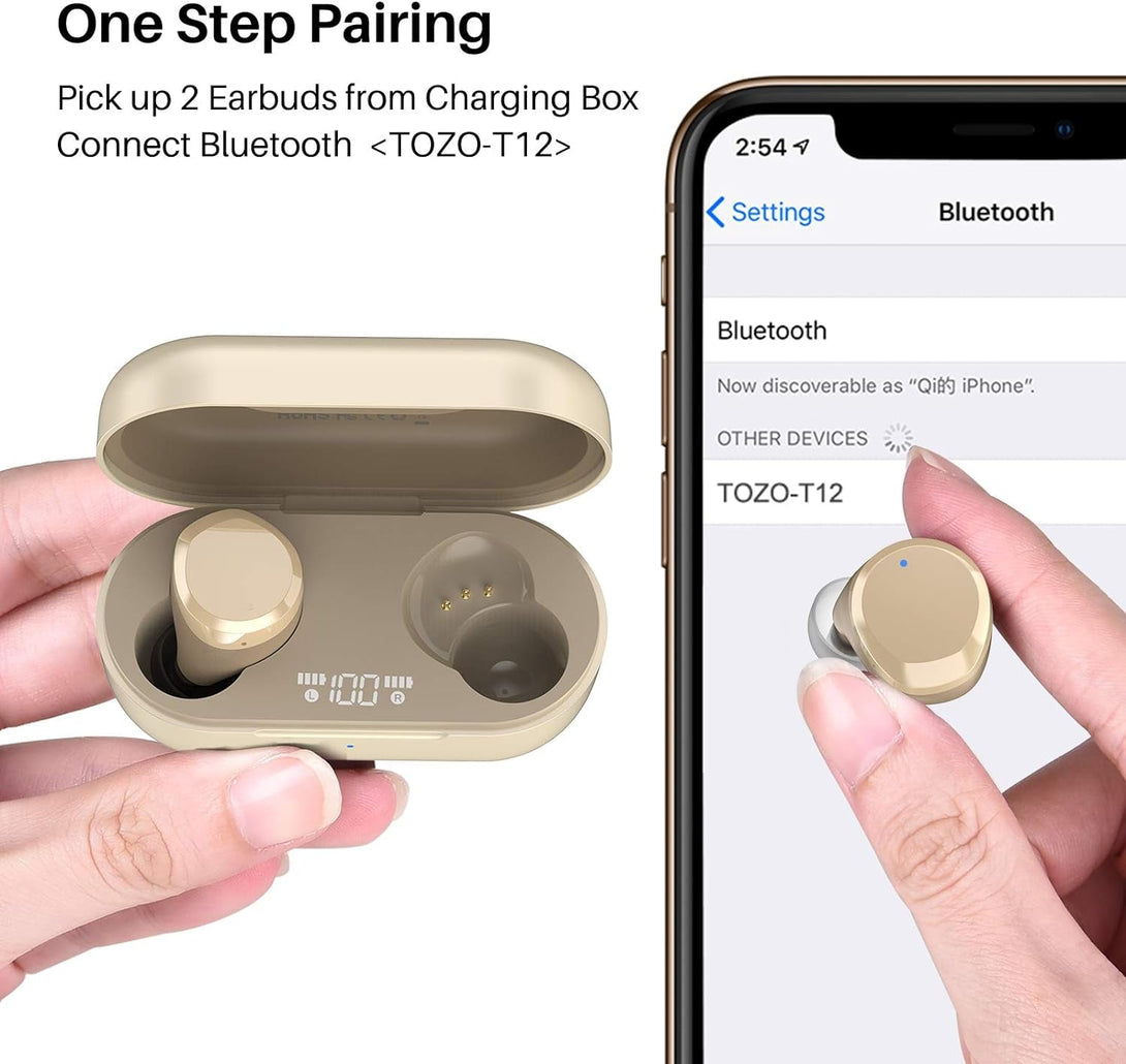 TOZO T12 (Large Ergonomic Edition) Wireless Earbuds Bluetooth 5.3 Headphones Premium Sound Performance Touch Control LED Digital Display Wireless Charging Case Earphones