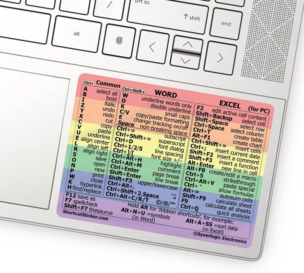 Synerlogic Word/Excel Windows Shortcut Sticker | Reference Guide Keyboard Shortcuts | Work from Home Essentials | Excel Shortcuts Cheat Sheet Laminated No-Residue Vinyl (Rainbow/Small)