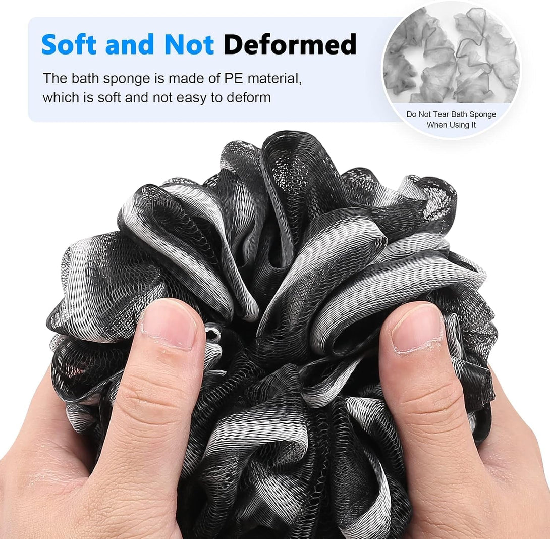 Black Loofah on a Stick PE Soft Mesh Luffa with Non-Slip Wooden Handle Made of Soft and Sturdy Rubber Material Back Scrubber for Shower for Women and Men with String for Easy Hanging