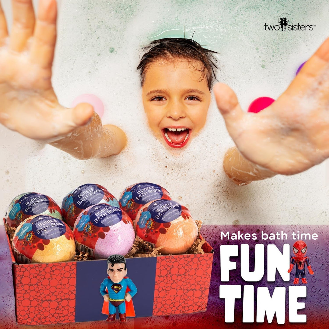 Superhero Bath Bombs for Kids with Surprise Toys inside (6 Pack) - Large Bubble Bomb Fizzies for Boys, Girls, & Toddlers - Fruity Scents, Relaxing Aromas, Made in USA, Birthday Gift by Two Sisters