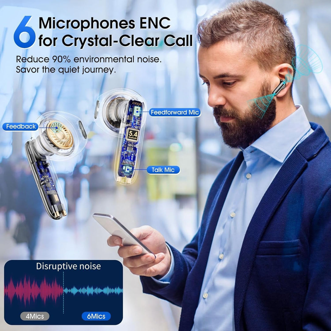 Wireless Earbuds Bluetooth 5.4 in Ear Buds 6 Mic ENC Noise Cancelling Clear Calls, Deep Bass Hifi Stereo Sound Earphones 35H Playtime LED Power Display IPX7 Waterproof Headphones for Android Ios Black