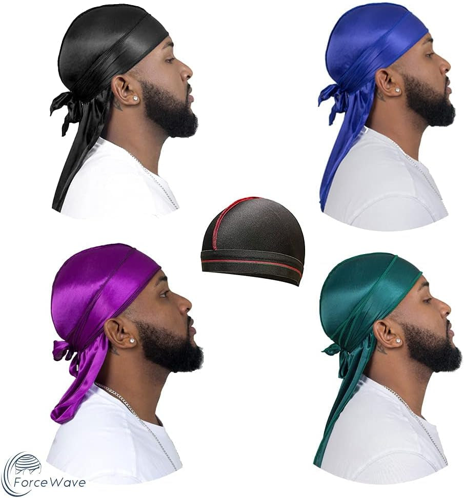 4PCS Silky Durags for Men Women 360 Waves with 1 Wave Cap, Silky Satin Durag Extra Long Tails