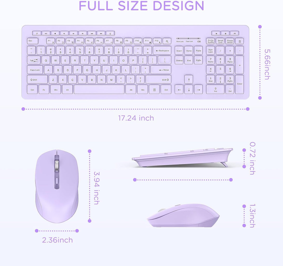 Seenda Wireless Keyboard and Mouse Combo, 2.4Ghz Cordless Quiet Keyboard Mouse with USB Receiver, Full Size Cute Purple Combo, Compatible for Windows Laptop Computer Desktop PC, Purple
