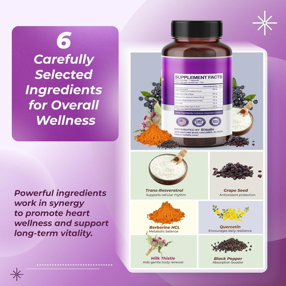 Resveratrol with Grape Seed + Quercetin Berberine + Milk Thistle Powerful Anti-Aging - USA Made & Tested (150-Day Supply (Pack of 1))