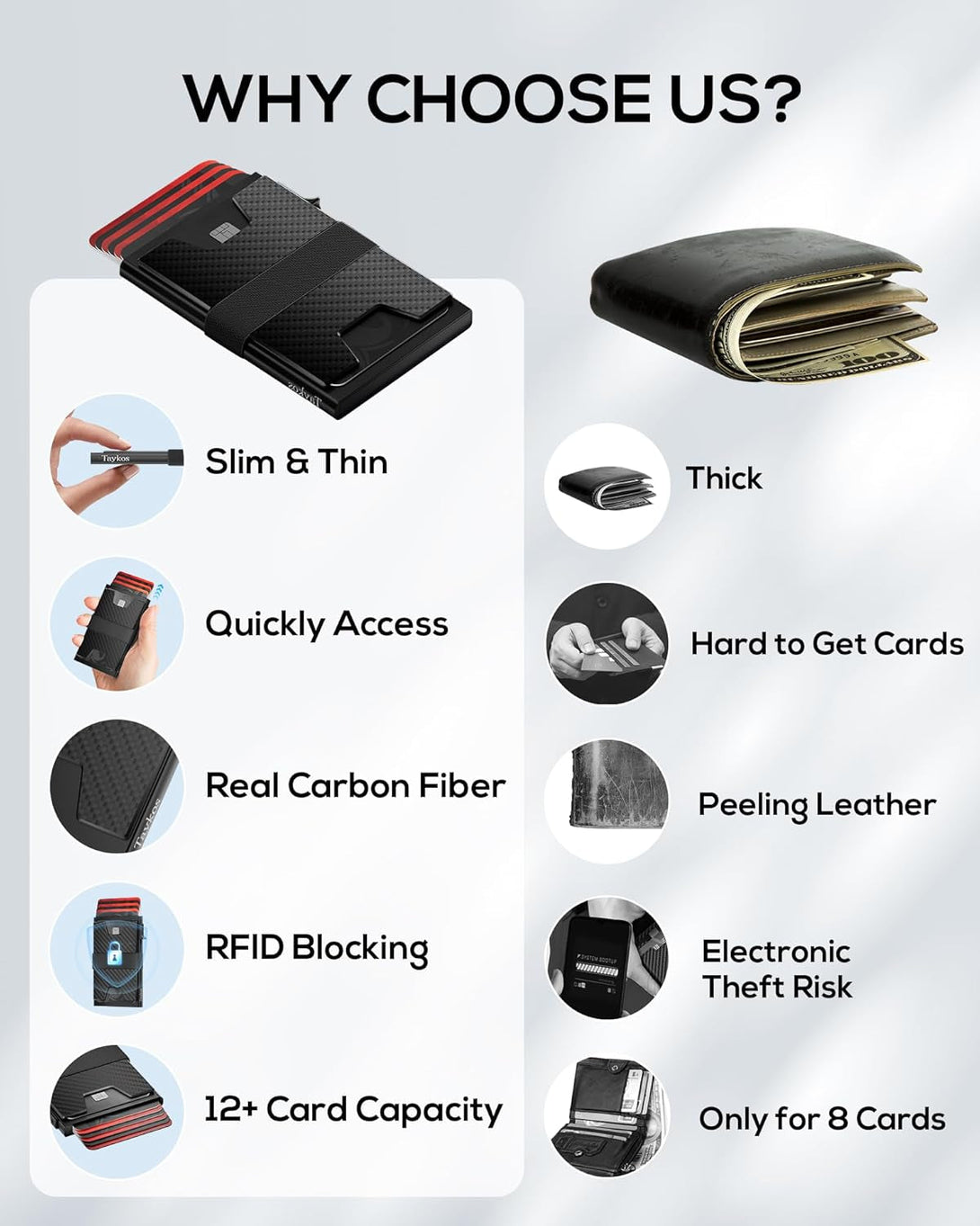 Mens Wallet Card Holder - Metal Pop up Card Case, Real Carbon Fiber, Smart, Minimalist, RFID Blocking, Slim, Thin, Front Pocket - Holds up to 12 Cards and 10 Bills
