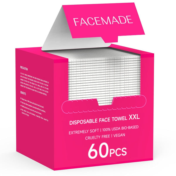 Face Towels Disposable, 60 Ct Clean Towels, XXL, Face Towelettes for Makeup and Clean Skin, Super Soft and Thick Dry Wipes Club, USDA Certified 100% Biobased
