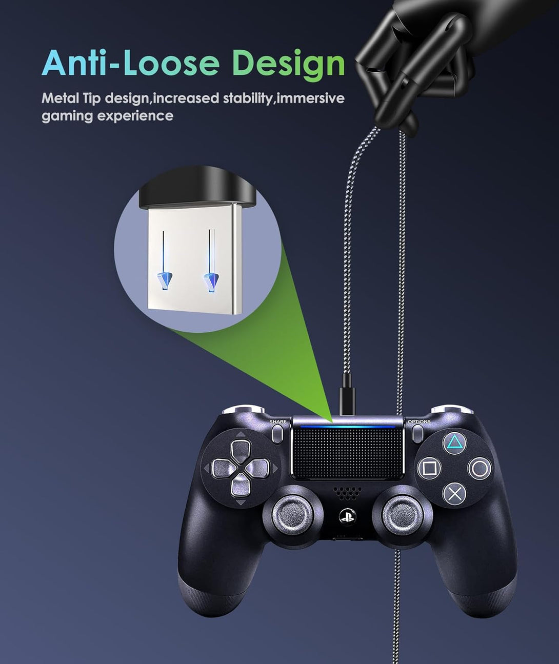 6Amlifestyle PS4 Controller Charger Charging Cable, 2 Pack 10Ft Extra Long Micro USB 2.0 Cable, Nylon Braided Cord, for PS4, PS4 Slim/Pro, Xbox One S/X Controller, Android Phones, Black+Blue