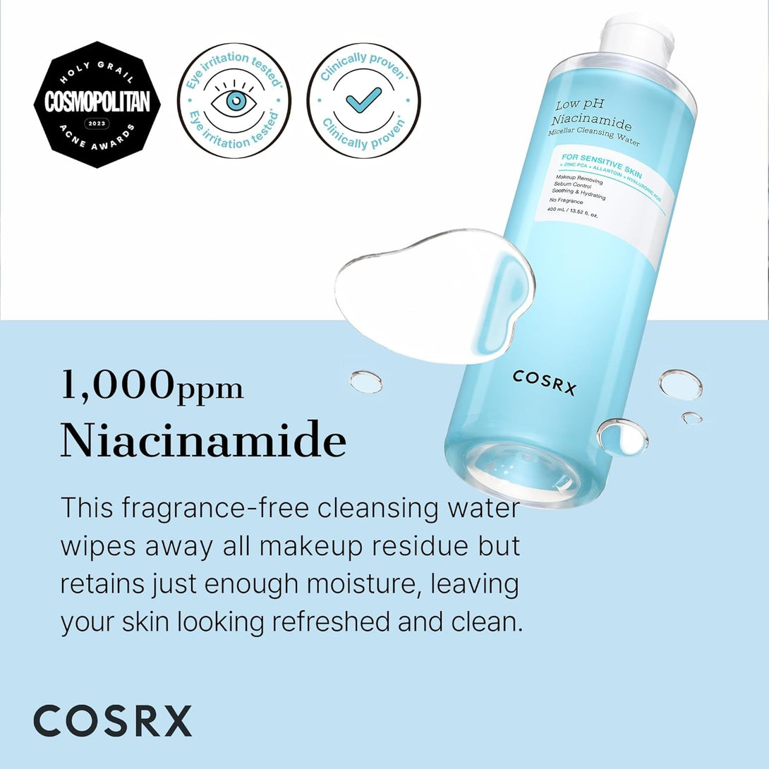 COSRX Low Ph Niacinamide Micellar Cleansing Water Daily Mild Facial Cleansing Wash for Sensitive Skin, Sebum Control, Korean Skin Care (13.52Fl.Oz/400Ml)