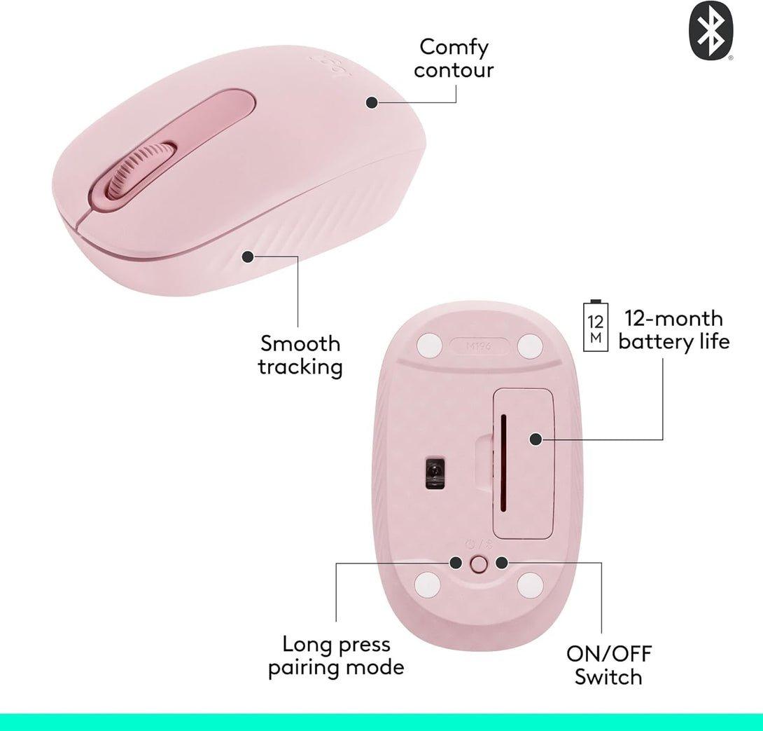 Logitech M196 Bluetooth Wireless Mouse, Compact and Portable Mouse for Laptops, Tablets and More, 12-Month Battery, Smooth Tracking, Compatible with PC and Mac, Windows and Macos - Rose