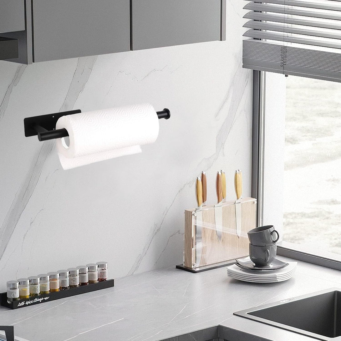 Paper Towel Holder under Cabinet Wall Mount,Self Adhesive and Drilling Paper Towel Holders,Sus304 Stainless Steel Paper Towel Roll Rack,Black Paper Roll Holder for Kitchen Bathroom Home Essentials