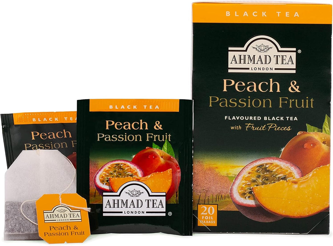 Ahmad Tea Black Tea, Peach and Passion Fruit Teabags, 20 Ct (Pack of 6) - Caffeinated and Sugar-Free