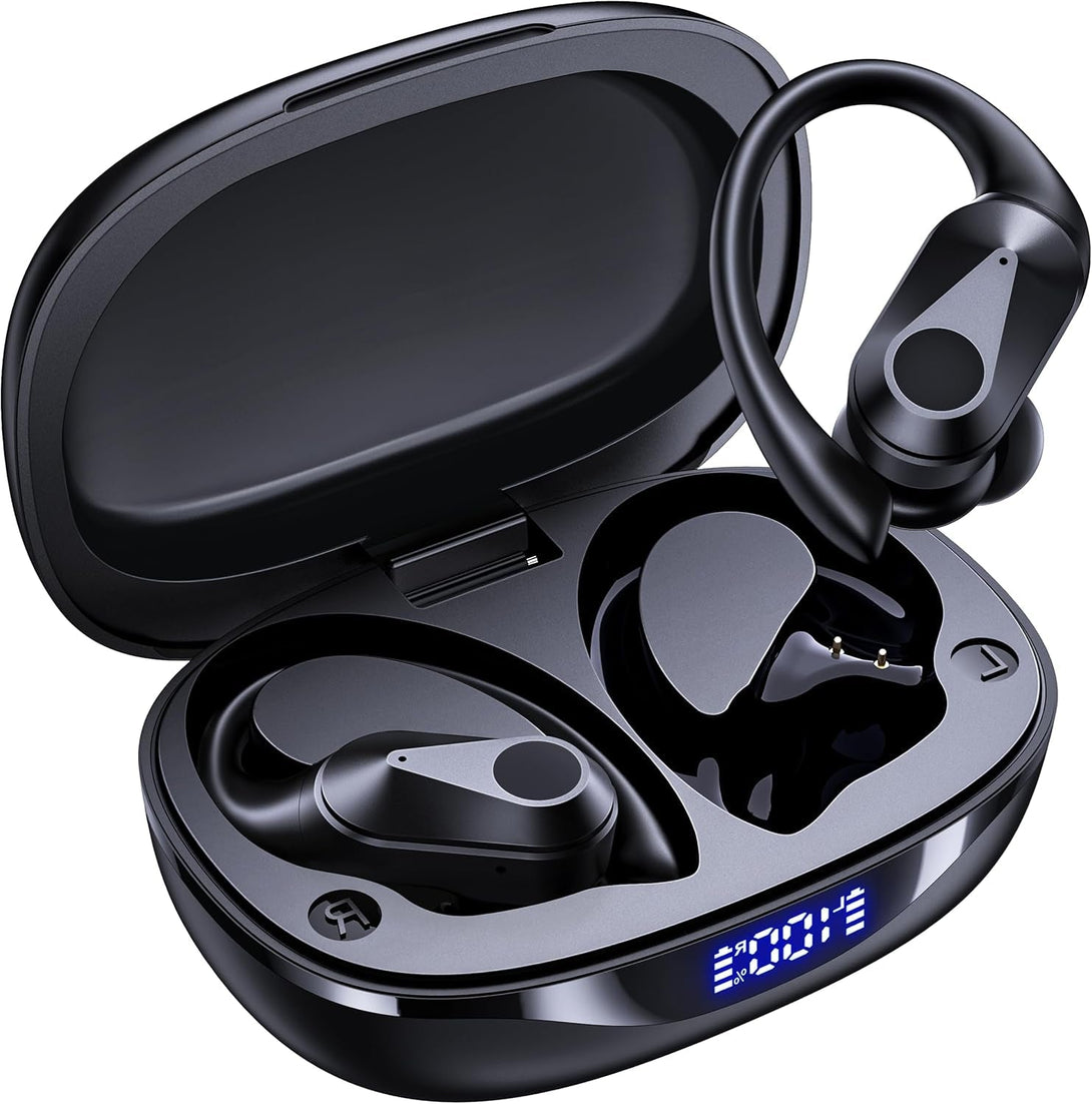 Wireless Earbuds, 90H Playtime Bluetooth Headphones, over Ear Buds with LED Display, Stereo Bass Earphones, Wireless Charging Case, IPX7 Waterproof Sport Headset for Workout (Black)