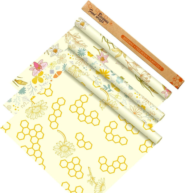 3 Rolls Reusable Beeswax Food Wraps 13'' X 59'' Eco Friendly Sustainable Beeswax Food Storage Wrap Honeycomb Floral Organic Cotton Food Wrap for Bread Sandwich Cheese Fruit