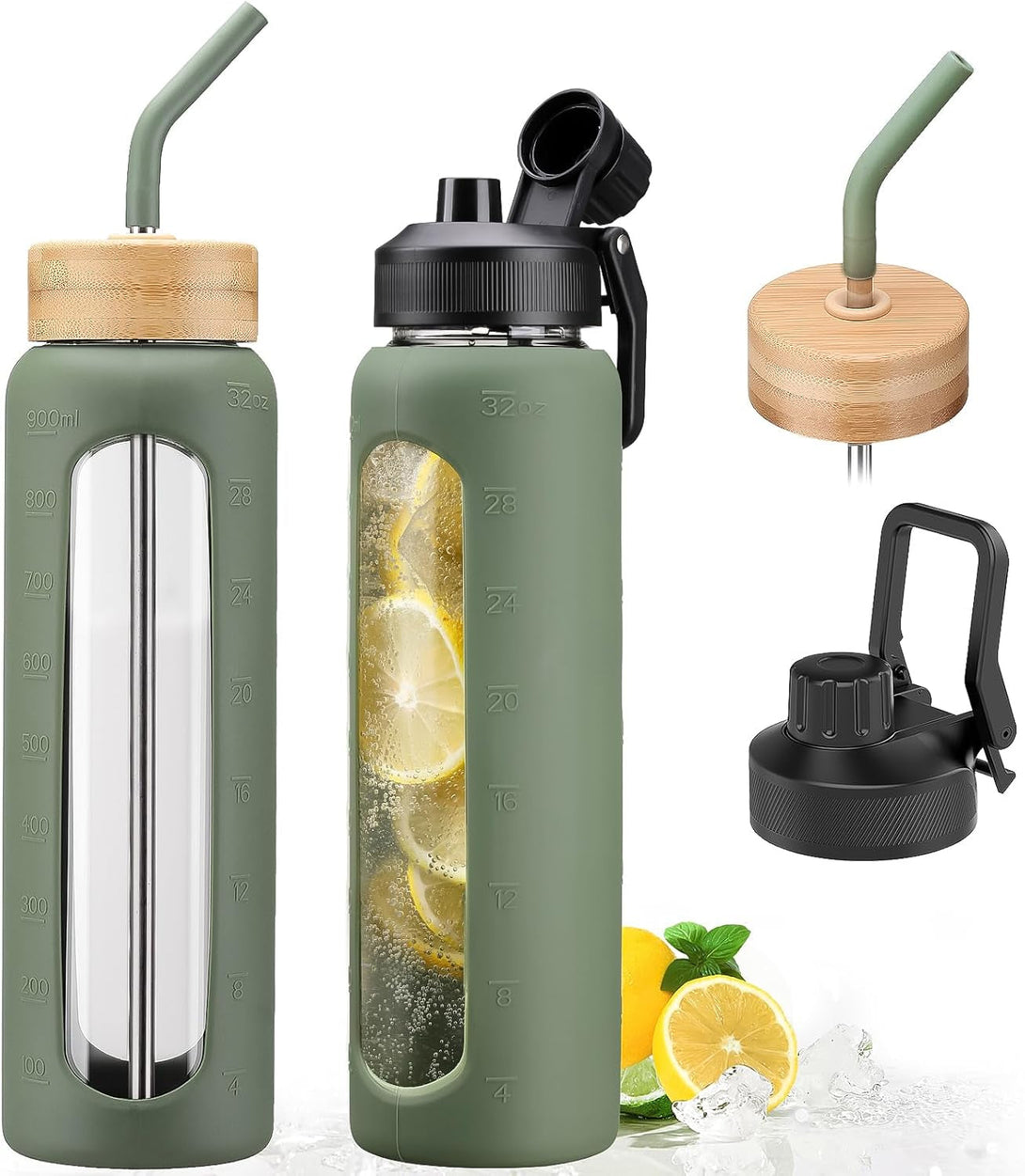 32Oz Glass Water Bottle with Straw and 2 Lids- Bamboo and Handle Spout Lid, Glass Drinking Bottles with Silicone Sleeve Motivational Time Marker for Gym, Sports,Cup Holder Friendly, Olive