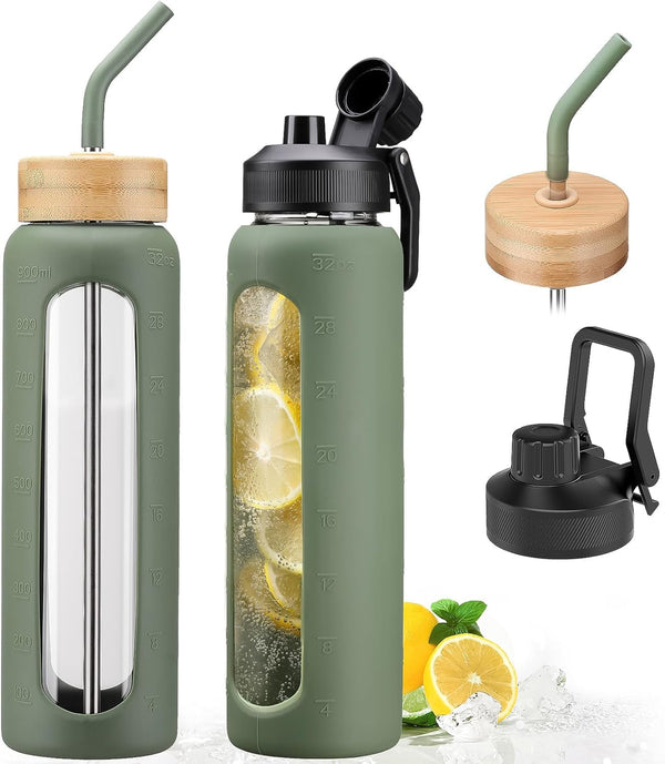 32Oz Glass Water Bottle with Straw and 2 Lids- Bamboo and Handle Spout Lid, Glass Drinking Bottles with Silicone Sleeve Motivational Time Marker for Gym, Sports,Cup Holder Friendly, Olive