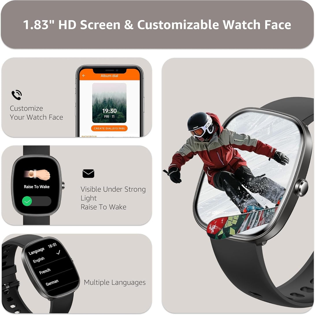 Smart Watch for Men Women Make/Answer Calls,1.83"Fitness Tracker with Sleep Tracker/Blood Pressure/Heart Rate Monitor,Pedometer,100+ Sport Modes,Ip68 Waterproof,350 Mah, Compatible with Android&Iphone