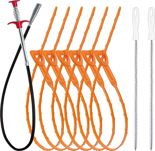 35.5Inch Drain Clog Remover(1Pcs), 25Inch Drain Snake Hair Remover(6Pcs) ï¼† Cleaning Brush(2Pcs), Hair Catcher Drain Auger Cleaner Tool Set for Toilet, Kitchen Sink, Bathroom Tub, Sewer, 9 Pack