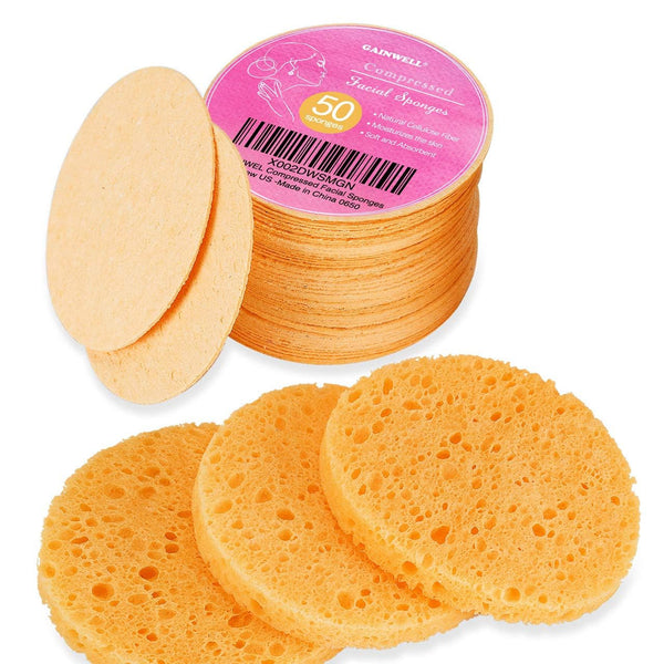 50-Count Compressed, GAINWELL Cellulose, 100% Natural Cosmetic Spa Sponges for Facial Cleansing, Exfoliating Mask, Makeup Removal
