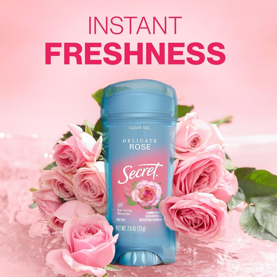 Secret Fresh Antiperspirant Deodorant for Women, 72Hr Breathable Sweat & Odor Protection, Instant Freshness & Gentle, PH Balancing Minerals, Clear Gel, Delicate Rose Scent, 2.6 Oz