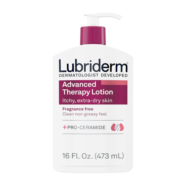 Lubriderm Advanced Therapy Fragrance Free Moisturizing Hand & Body Lotion + Pro-Ceramide, Intense Hydration for Itchy, Extra Dry, & Sensitive Skin, Non-Greasy, Hypoallergenic, 16 Fl. Oz