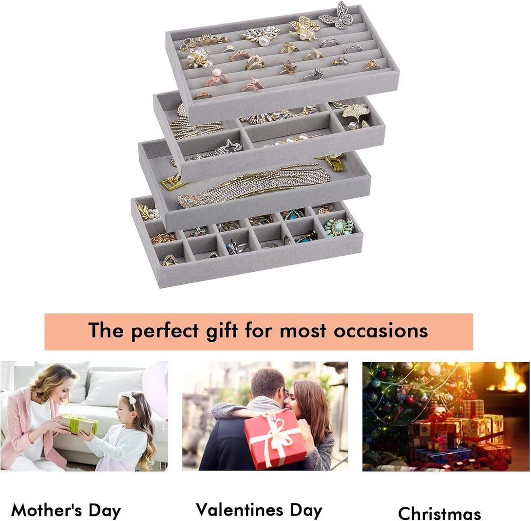 Stackable Velvet Jewelry Trays Organizer for Drawers, Small Jewelry Drawer Organizer Display Tray for Earring Ring Watch Bangle Bracelet Necklace, Set of 4, Gray