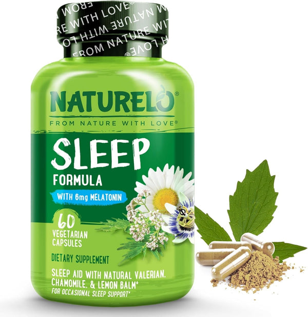 NATURELO Sleep Aid - with Melatonin, Magnesium, GABA, Valerian Root, Lemon Balm, Chamomile Herbal Extracts - Plant-Based Sleeping Aid - 60 Vegan Capsules