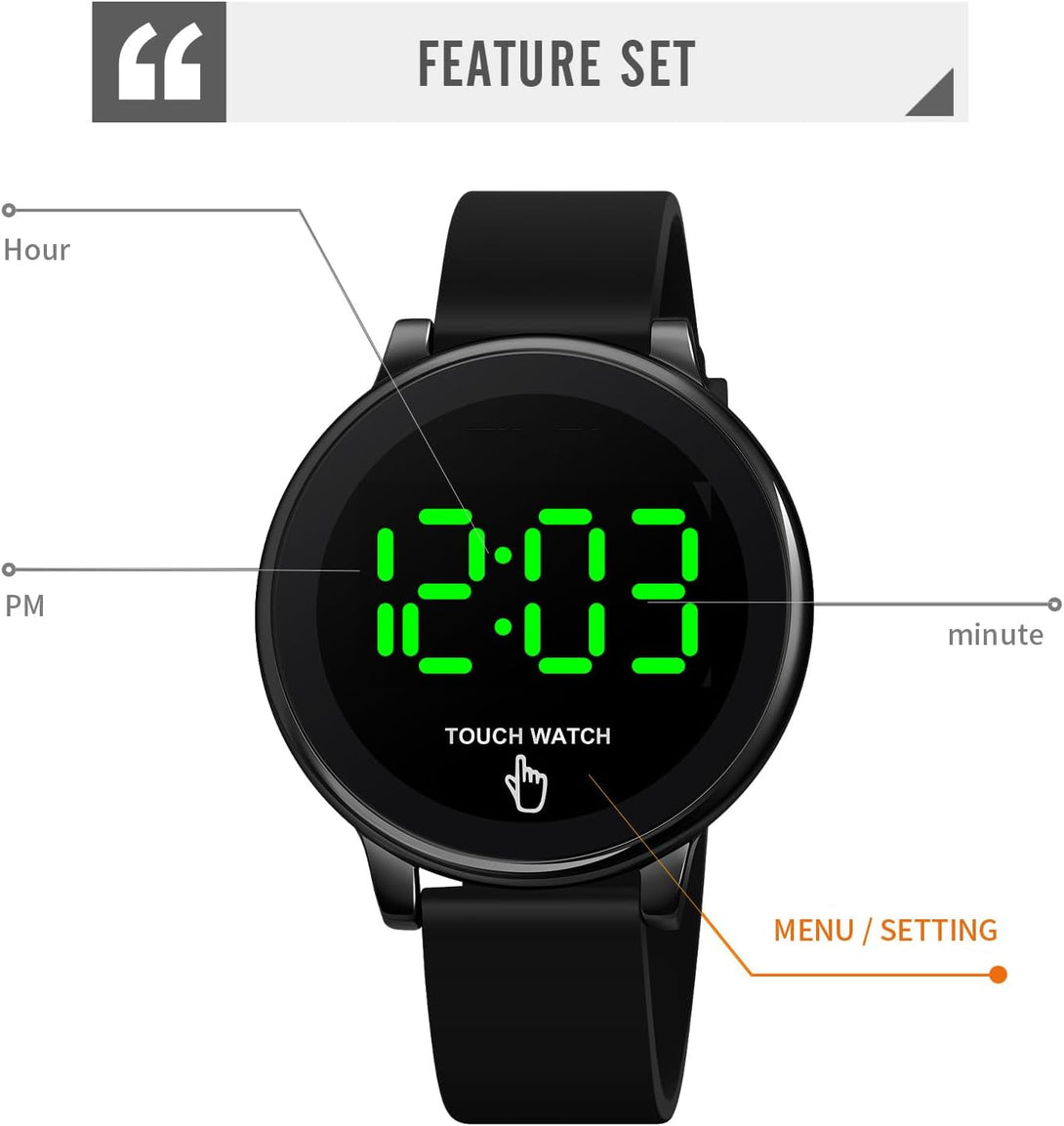 TOOCAT Fashion Touch LED Digital Watch Outdoor 50M Waterproof Rubber Bands Wristwatch for Men Women Teens Students (Black-Led Touch)