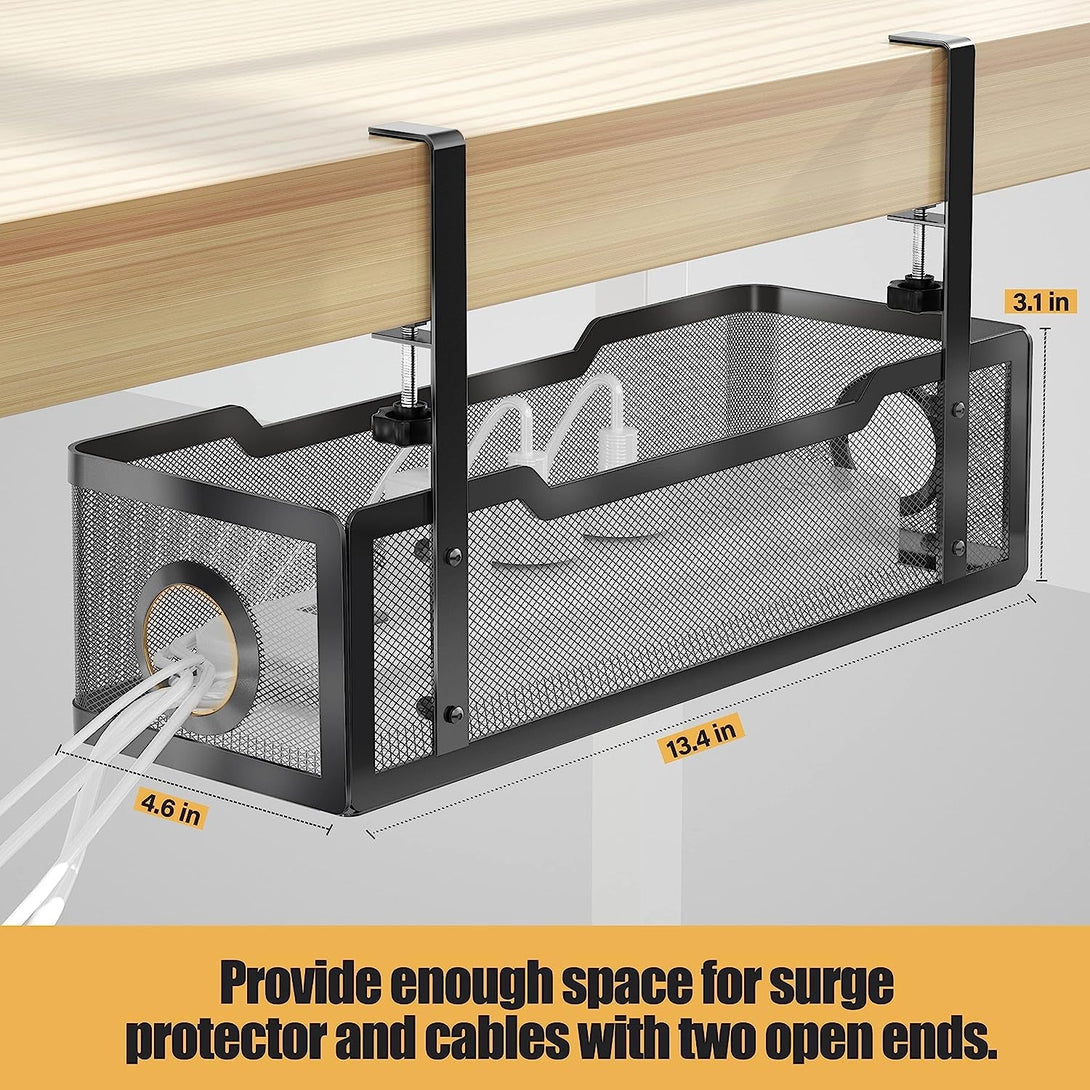 Under Desk Cable Management Tray Black, Cinati Wire Organizers No Drill, Cable Tray with Clamp for Wire Management, Cord Organization Box for Office, Home - No Damage to Desk