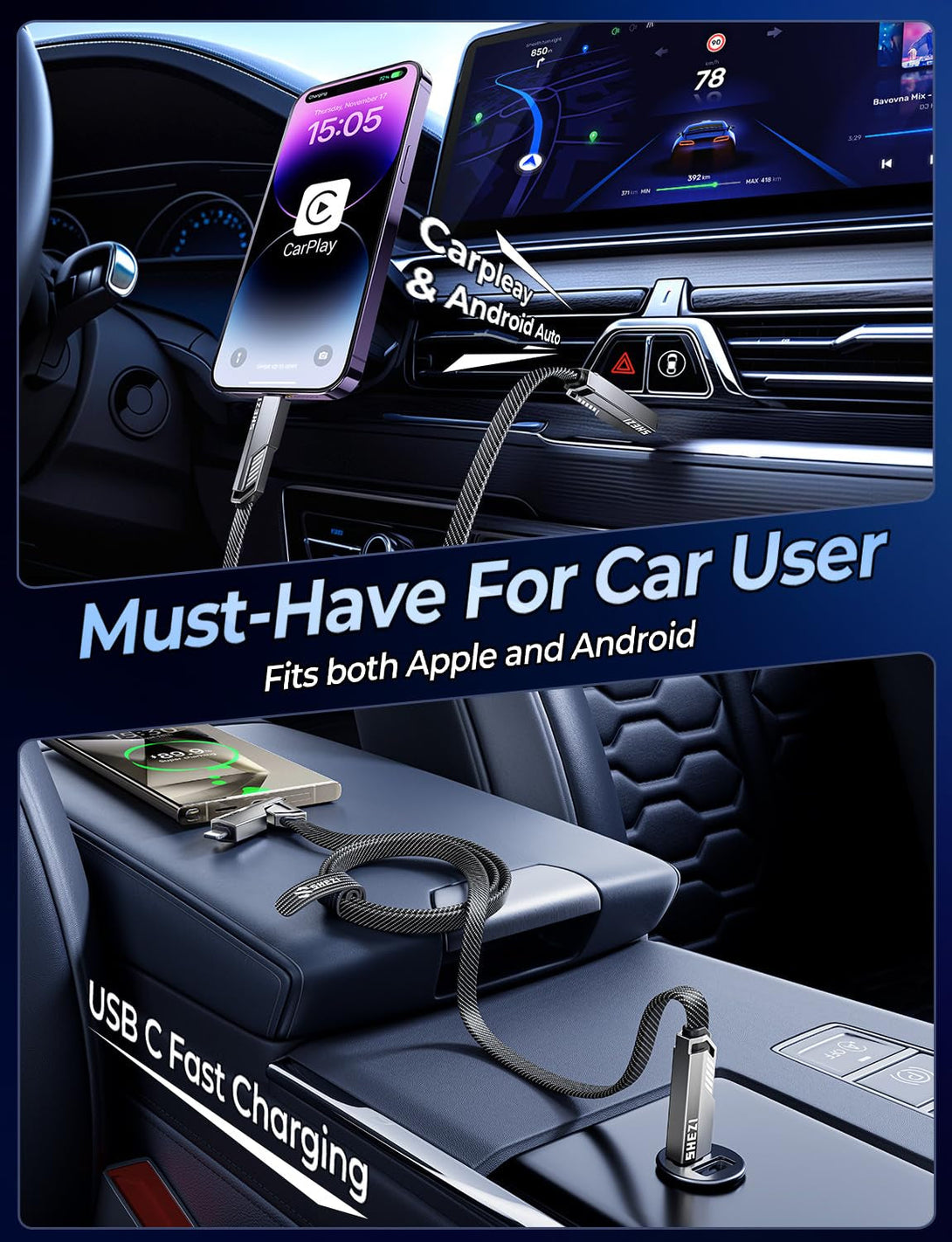 [Upgraded 2.0] SHEZI 4-In-1 USB C Cable 60W 5FT Lightning Cable MFI Certified [Fast Charging & Data Sync] Flat Braided Multi Charger Cord Combo with Lightning/Usb C/A Port for Iphone/Ipad &All Devices